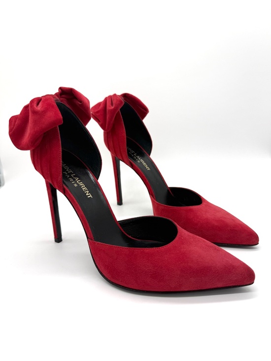 Saint Laurent Shoes - Saint Laurent Skinny 105 D'Orsay Bow Embellished Suede Pumps – Red – Size 37.5
